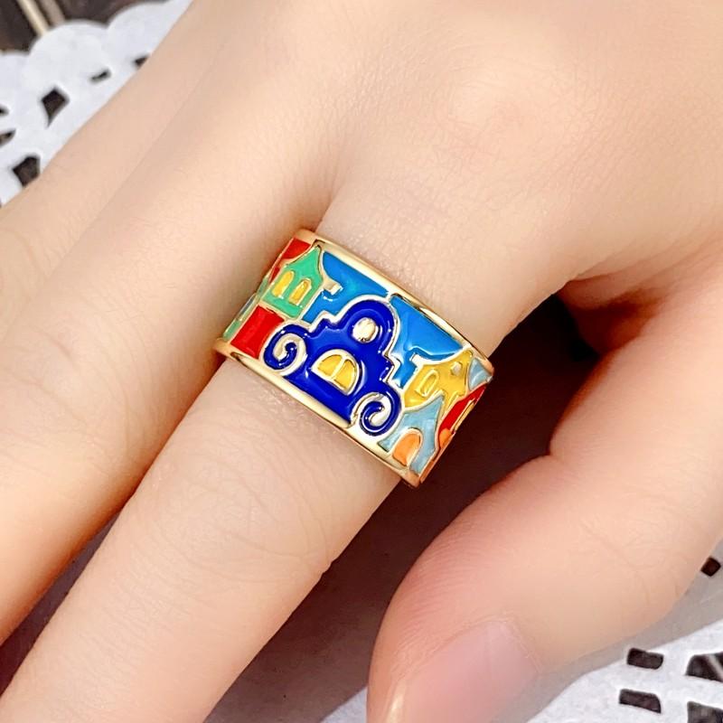 Huitan Nově navržené smaltované prsteny pro ženy Vzor domků Ručně vyráběný dámský prsten Prstový doplněk pro temperament Krásný dárek ŠperkyDobrý produkt