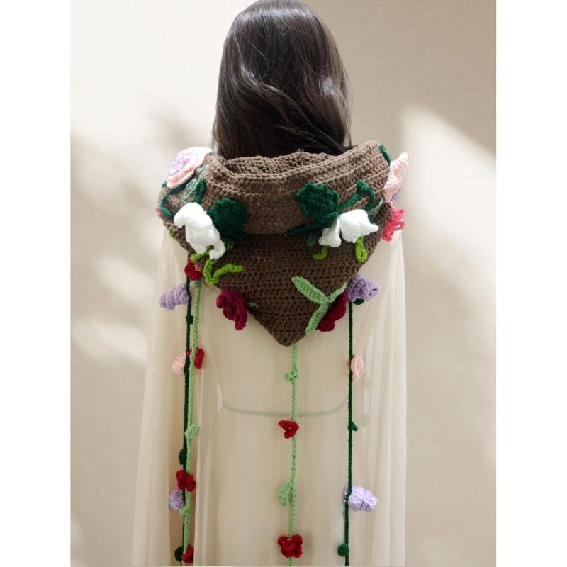Bohemian Hooded Capelet Hat Comfortable Crochet Design Fringe Headwear with Floral Detailing Soft Winter Wear Gear