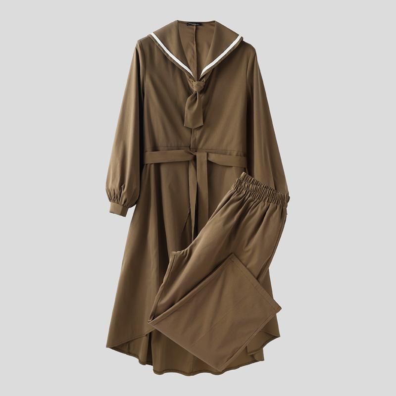 

INCERUN Oversized Autumn Men Sailor Collar Long Sleeve Windbreaker Long Pants Casual Two Pieces Sets Outfits 5XL коричневий