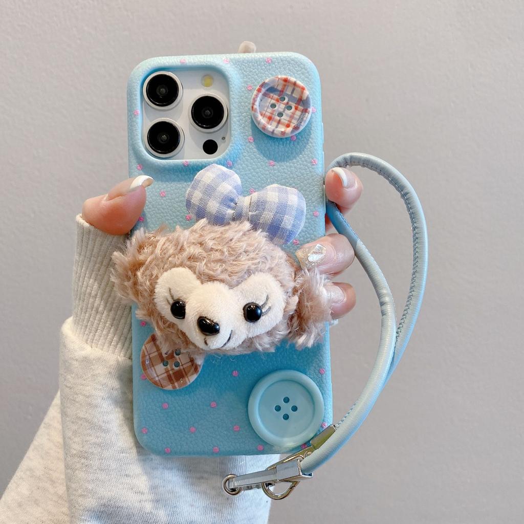 Winter Plush Filipino Button Lanyard Apple 16promax 15pro Fall proof Full Cover 13P Leather Pattern Mobile Phone Case