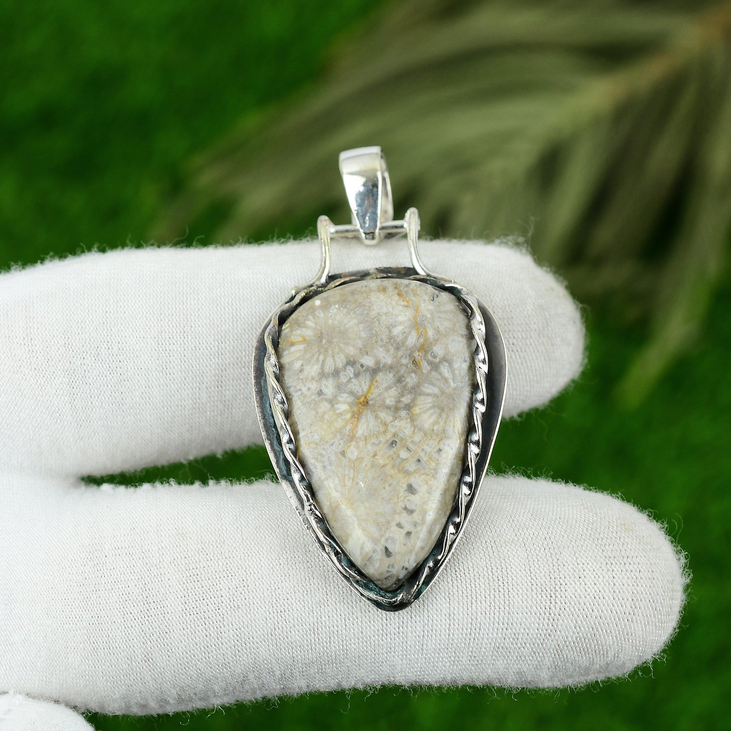 

Mothers day Sale Natural Fossil Coral Root Chakra Pendant 925 Sterling Silver