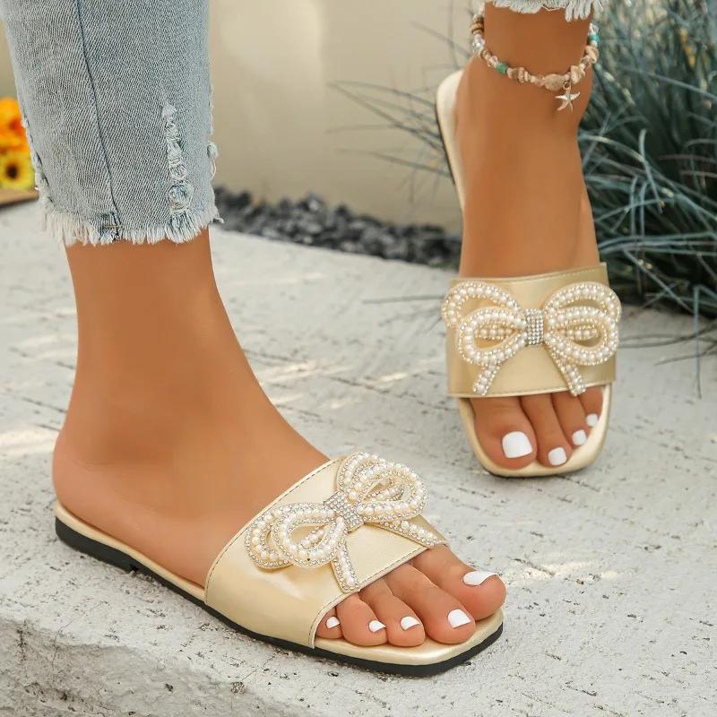 Fashion 2025 Shoes for Women Open Toe Women's Slippers Plus Size Daily Slippers Women String Bead Bow Tie Square Toe Flat with Sandals
