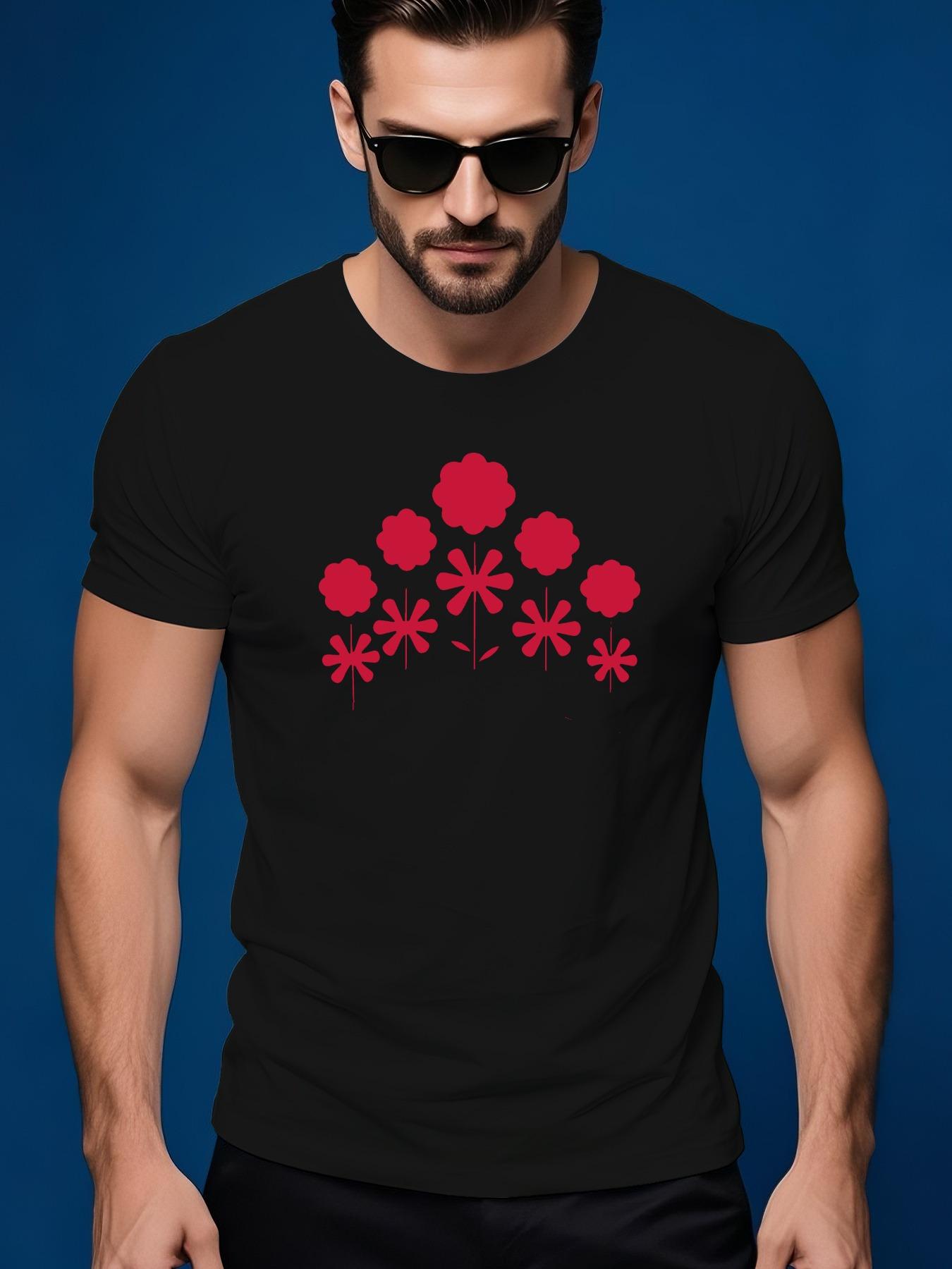 Summer Tshirt with Vibrant Red Flower Graphic - Short Sleeve L