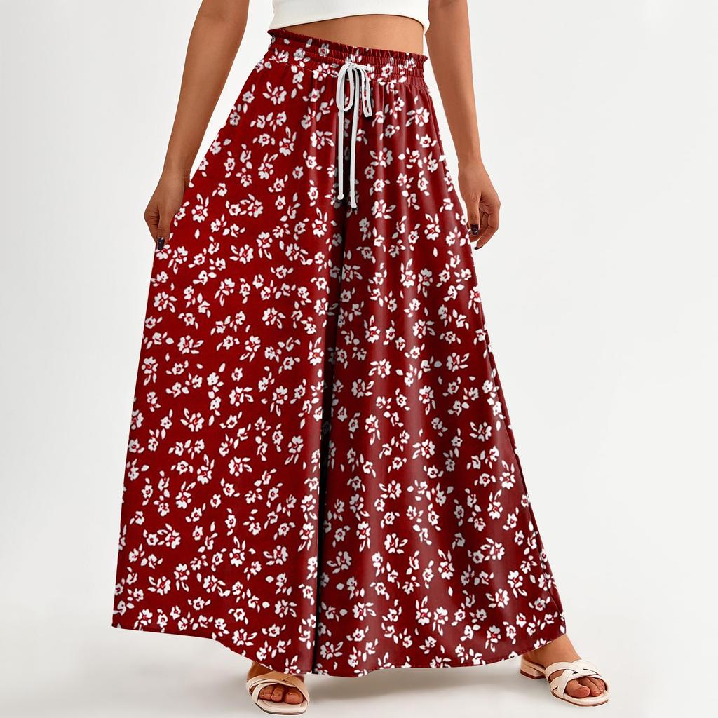 Women's Printed Wide Leg Pants With Pockets High Waist Drawstring Loose Casual Pants
