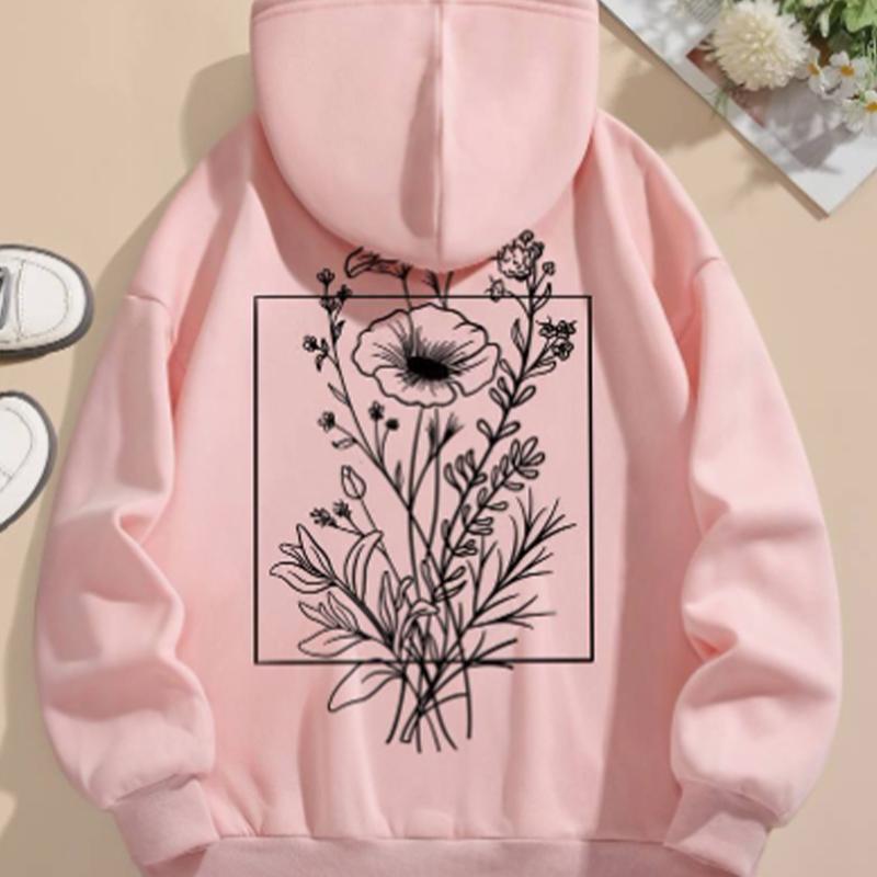 Womens Line Flower Print Loose Hoodie Tops Blouse Sweatshirt Casual Long Sleeve Pullover Tops