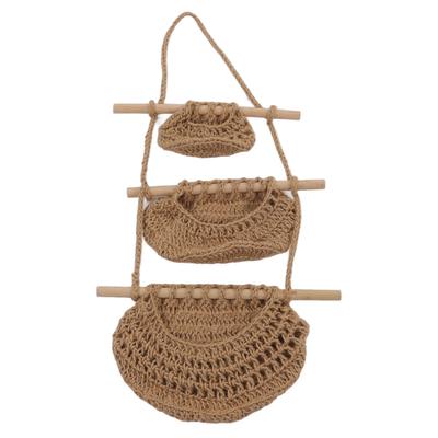 Hanging Fruit Basket 3 Tier Wall Mounted Handcraft Hemp Rope Wood 3 Tier Hanging Wall Basket for Toys Pet Plush Toys