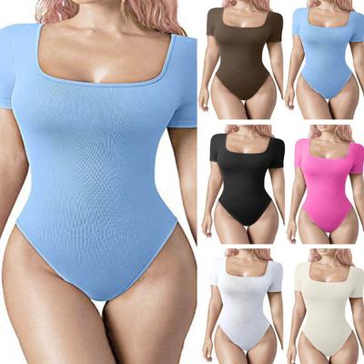 Women Summer Bodysuit Square Neck Short Sleeves Skinny High Elasticity Thread Tight Waist Tummy Control Solid Color Lady Playsuit