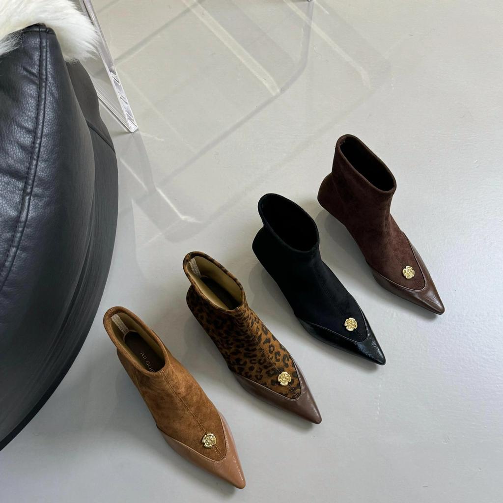 Pointed short tube splicing niche design sense Martin boots versatile camellia leopard print sleeve elastic thin boots retro