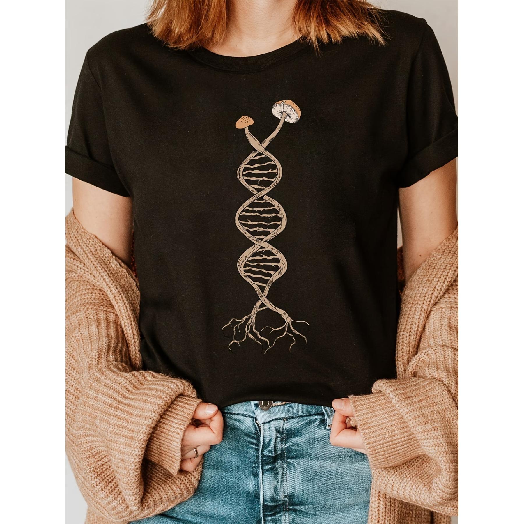

Модная футболка с принтом в виде буквы «ДНК» и грибов, с коротким рукавом и круглым вырезом, повседневный топ для лета и весны, женская одежда S чёрный