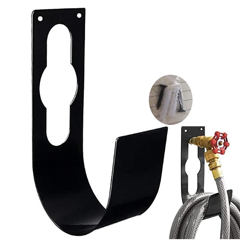 J-Shaped Black Iron Garden Hook with Screw Hole for Water Pipe Storage