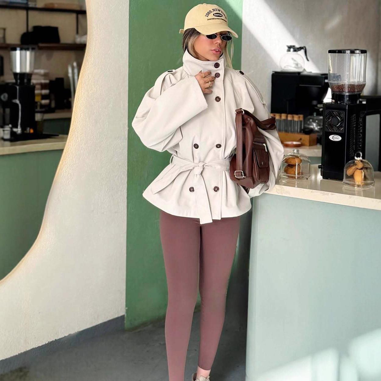 2025 cross-border European and American women s clothing Amazon autumn and winter waist lace-up short woolen jacket stand-up collar button-down pants XS