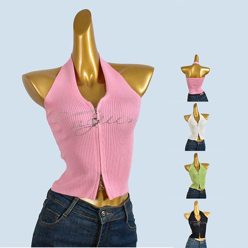 Fashion Sexy Rhinestone Knitted Small Tank Top Vest Women's Summer Inner Wear Halterneck Bandeau Sexy Short Tops Outerwear