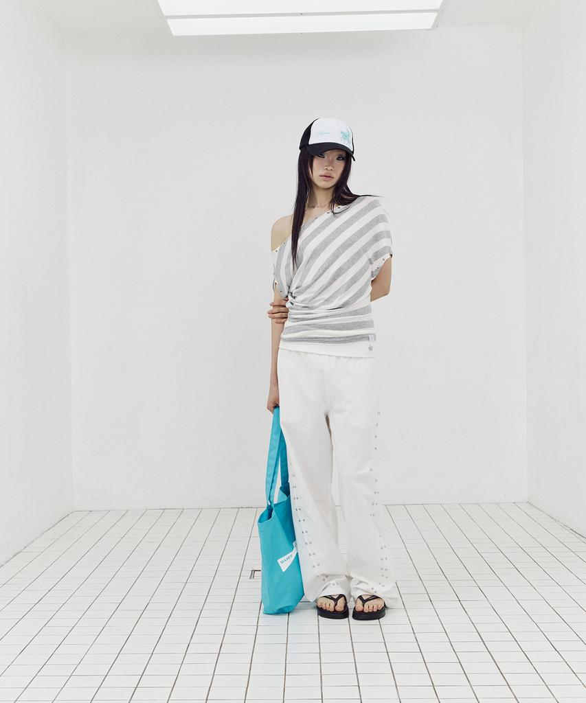 SETUP-EXE Folded Waist Stud Pants / White
