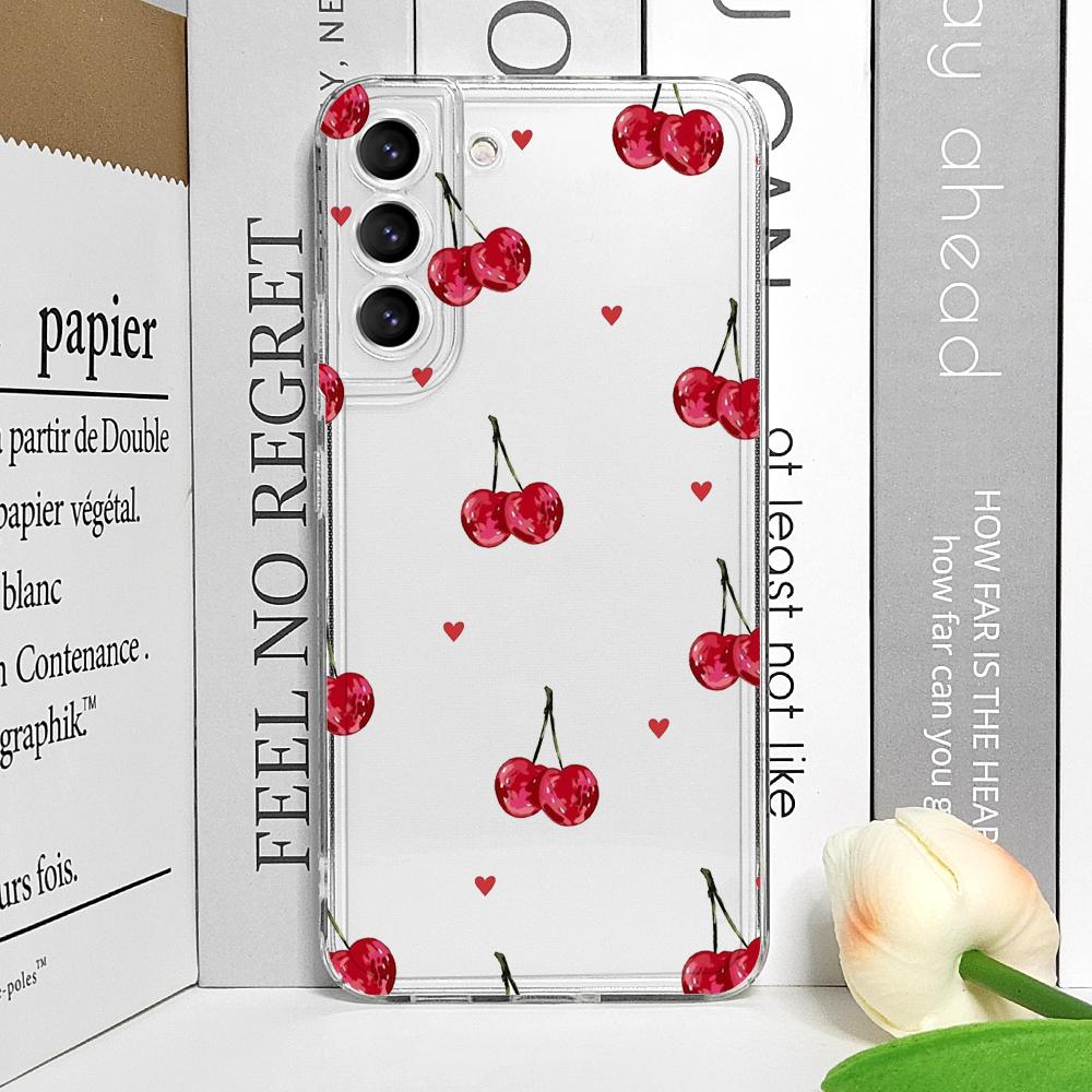 Korean Cute Cherry Bow Silicon Phone Case for Samsung Galaxy S22 S23 S24 S25 Plus Ultra S21 FE Clear Soft Shockproof Back Covers
