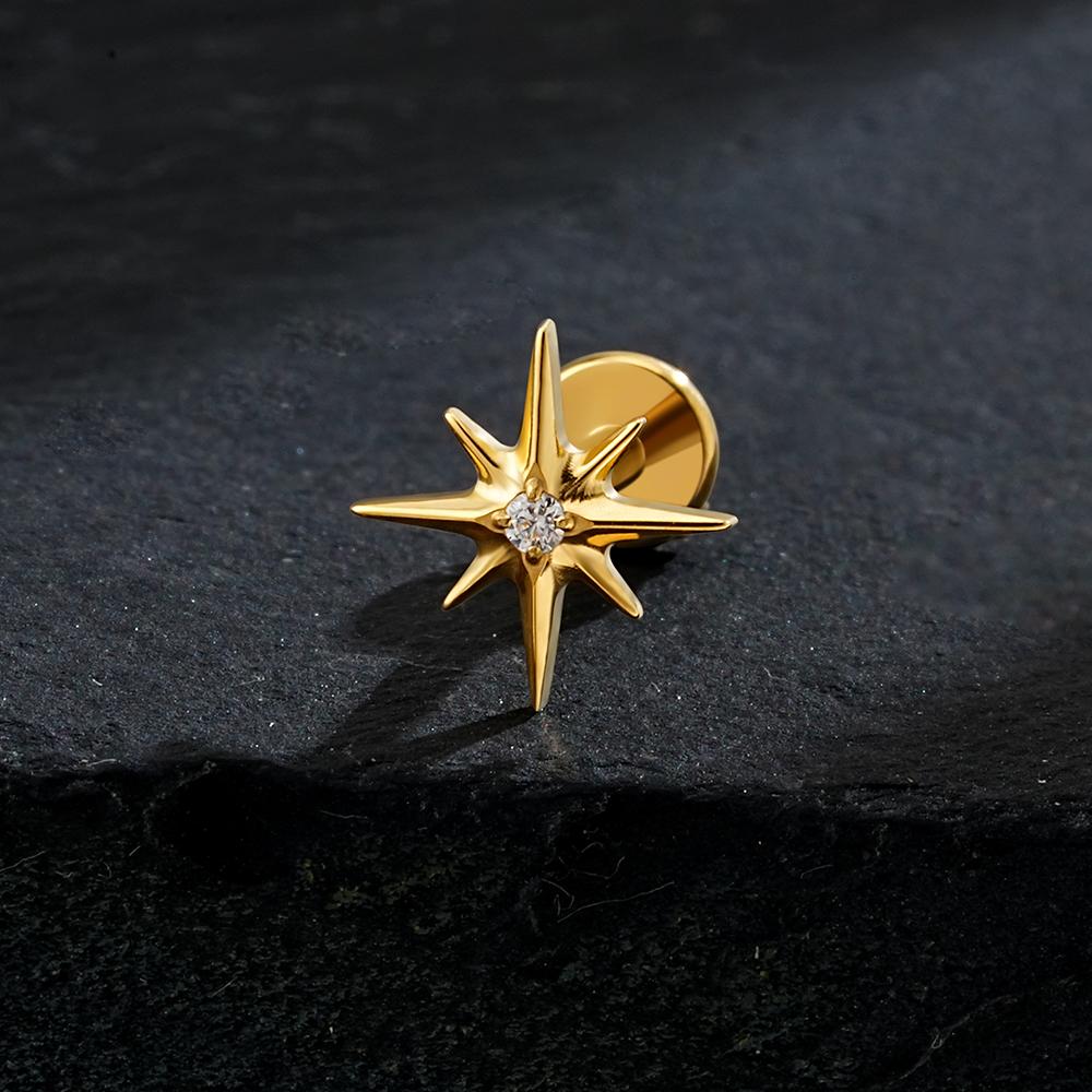 Right Grand ASTM F136 Titanium CZ North Star Flat Back Earring 16G Tiny Starburst Helix Cartilage Stud Earlobe Piercing Jewelry