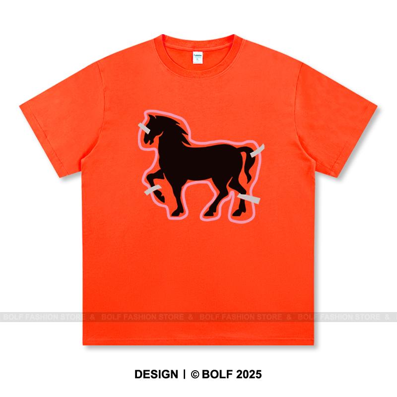 Women's Paper-Cut Art Horse Printed T-Shirt 100% Cotton Oversized Folk Graphic Tees for Men Summer Tops Cultural Streetwear