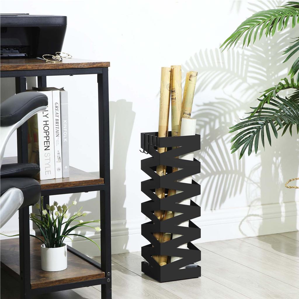 SONGMICS Metal Umbrella Stand, Square Umbrella Holder Rack, with Hooks and Drip Tray, 15.5 X 15.5 X 49 Cm, Black