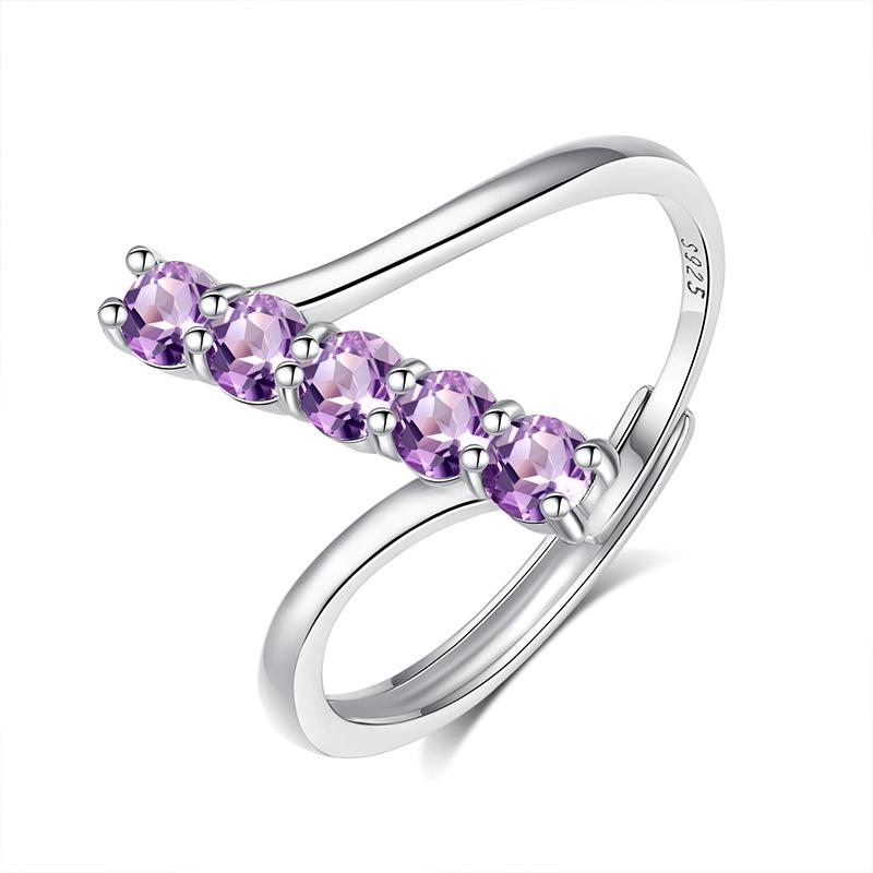 Niche row ring inlaid with natural amethyst peridot S925 sterling silver ring fashionable personalized gift opening adjustable