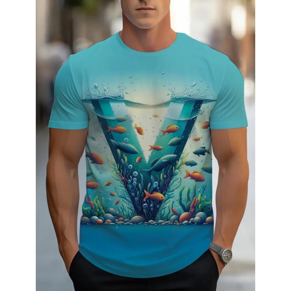 Underwater World Men's T-Shirt Realistic Sea Creatures 3D Print Short Sleeve Fashion Casual Travel Men's Loose O-Neck Breathable T-Shirts