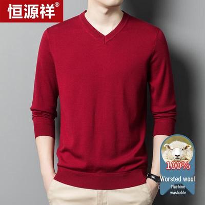 Hengyuanxiang Men's Machine Washable 100% Wool V-Neck Sweater