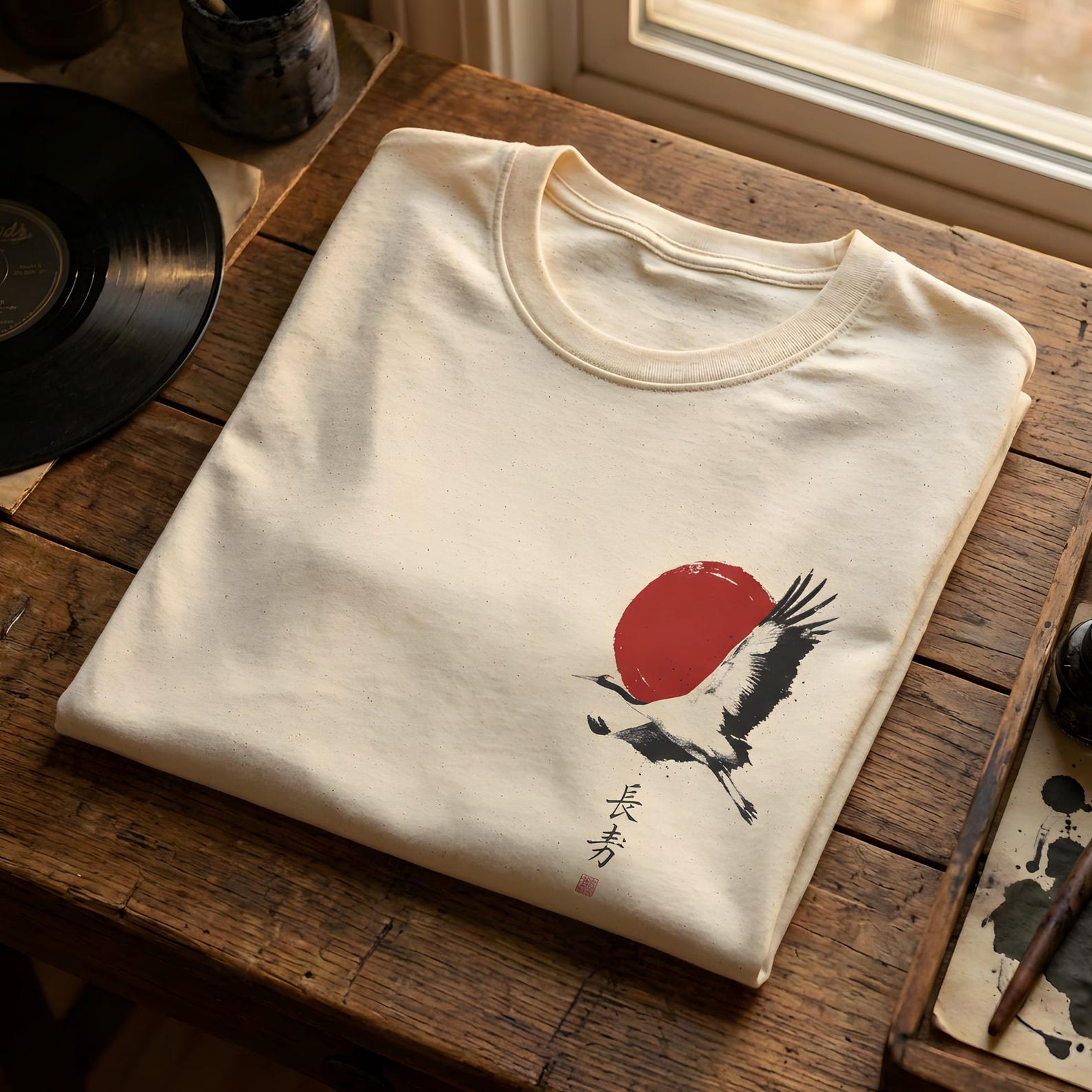 Japanese Crane T-Shirt | Sumi-e Art, Streetwear S