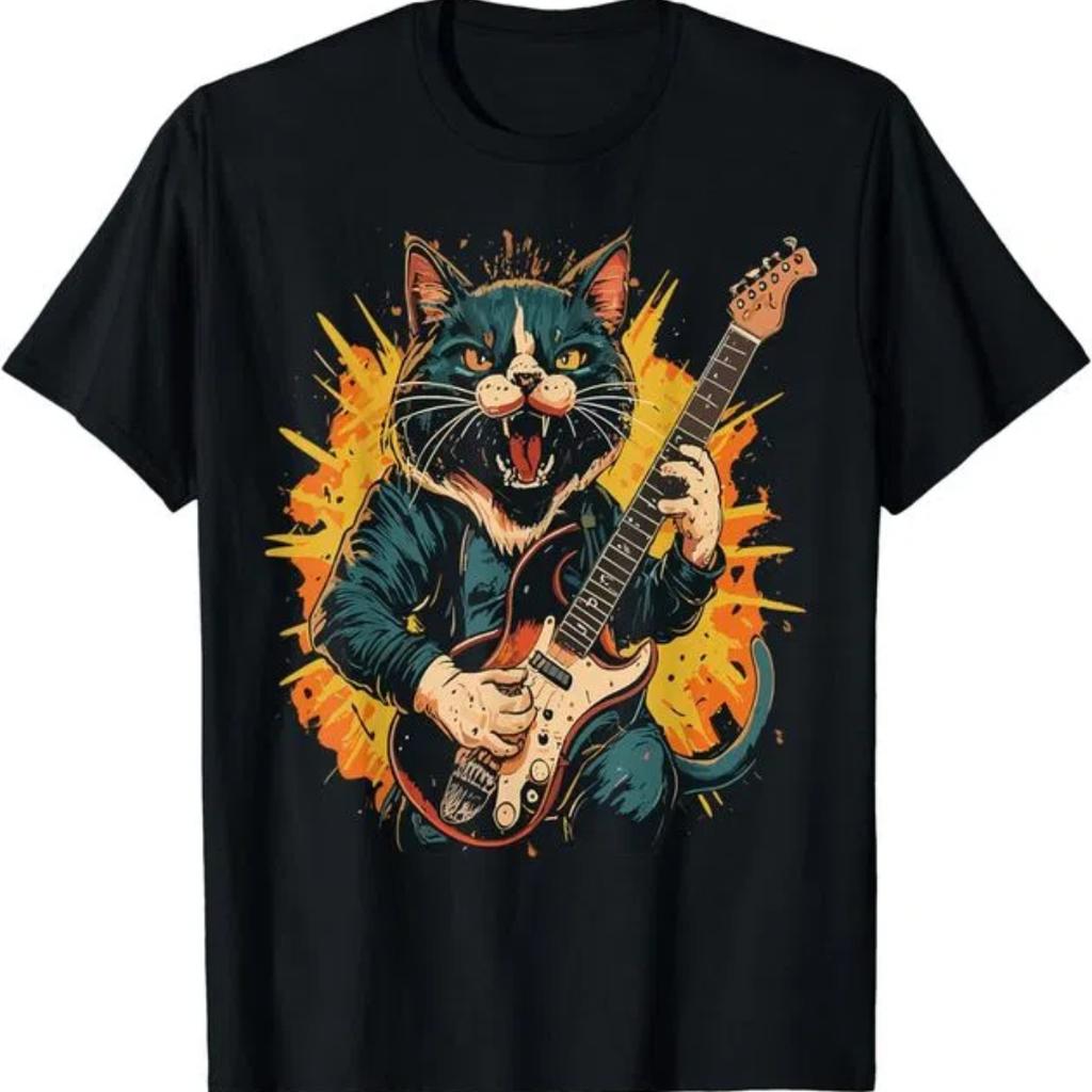 Zabawny Rock Cat Grający na Gitarze 3D Drukuj Casual Męski T-shirt Damski T-shirt Dziecięcy Festiwal Muzyczny Ubrania Graficzne T-shirty