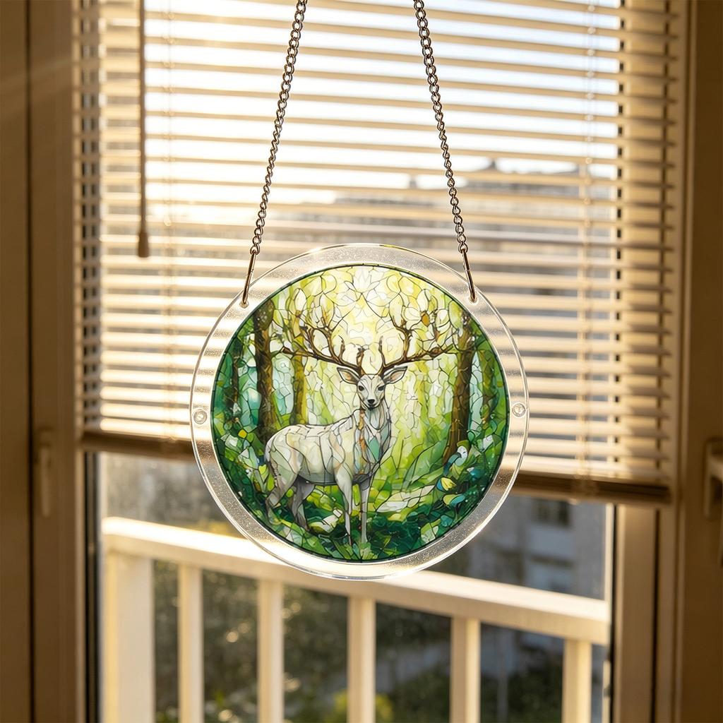 Acrylic Sun Catcher Window Hanging Decoration with Deer Design 2D Round Shape Hanging Ornament for Indoor Outdoor Use