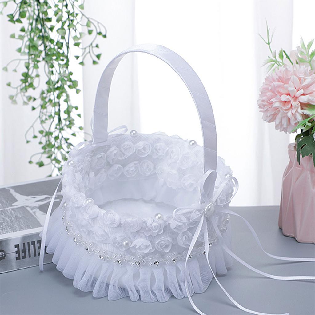 Flower Girl Basket White Small Satin Cloth Baskets with Lace and Multi Cute Faux Flowers Decor for Wedding Ceremony