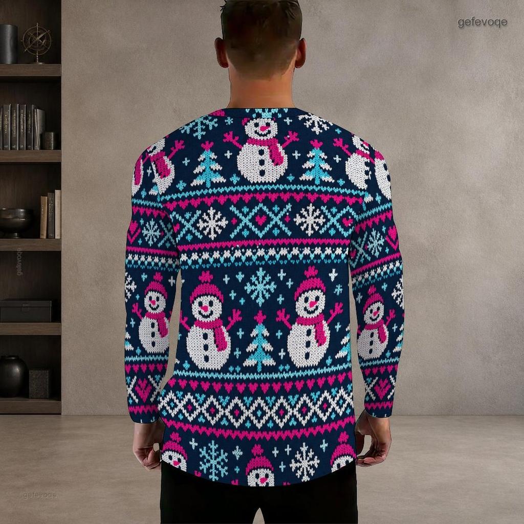 Men Plus Size Black Round Neck Long Sleeve Christmas Neon Printed Pullover T Shirt