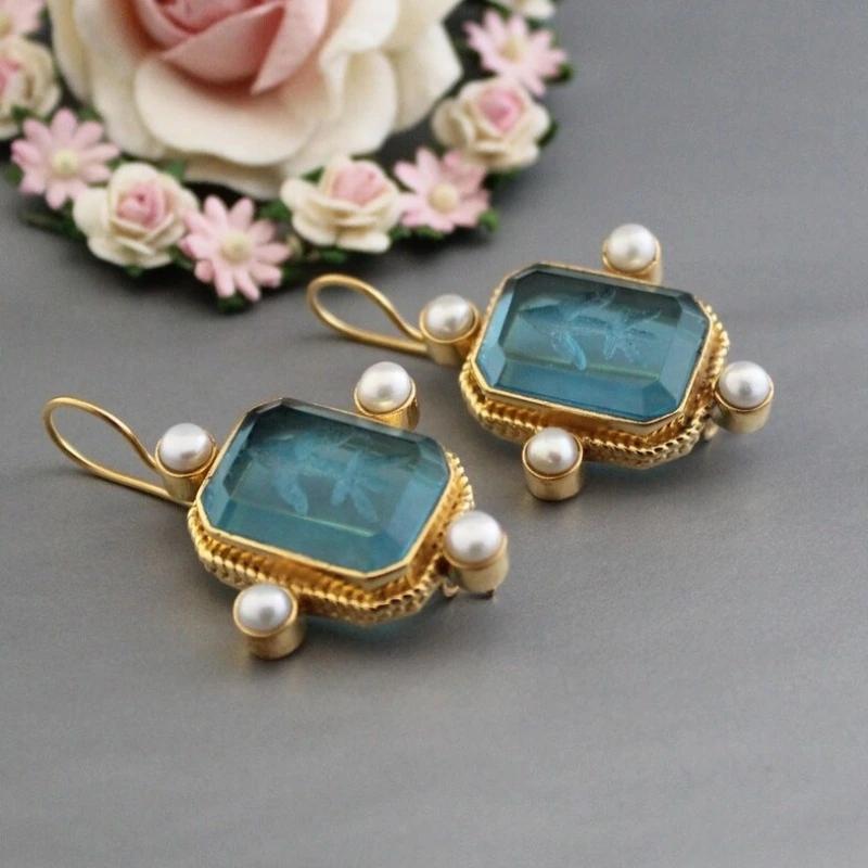 Vintage Gold Color Square Inlaid with Sea Blue Stones Earrings  Imitation Pearl Dangle Earrings for Women Jewelry