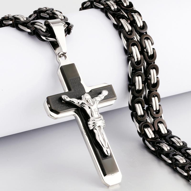 Collana con ciondolo a croce in acciaio inossidabile per uomo religioso, pesante collane a catena bizantina, gioielli sacri di Gesù Cristo