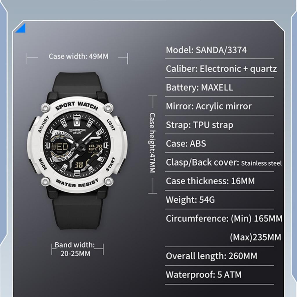Dual Display Sports Student Watch Men's 5ATM Waterproof Night Light Seismic and Drop resistant Electronic Watch