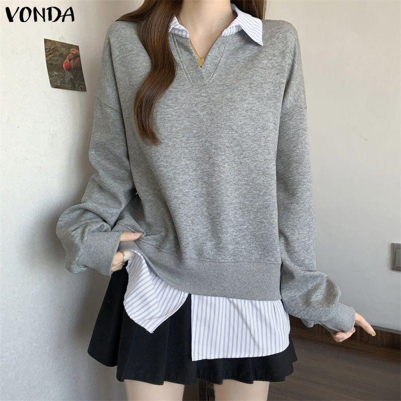 ZANZEA Women Casual Lapel Neck Long Sleeve Patchwork Striped Blouse Tops