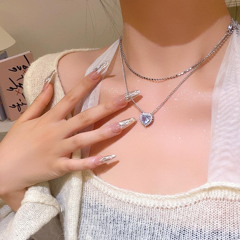 Super flash double-layer zircon love necklace female design simple stacked collarbone chain