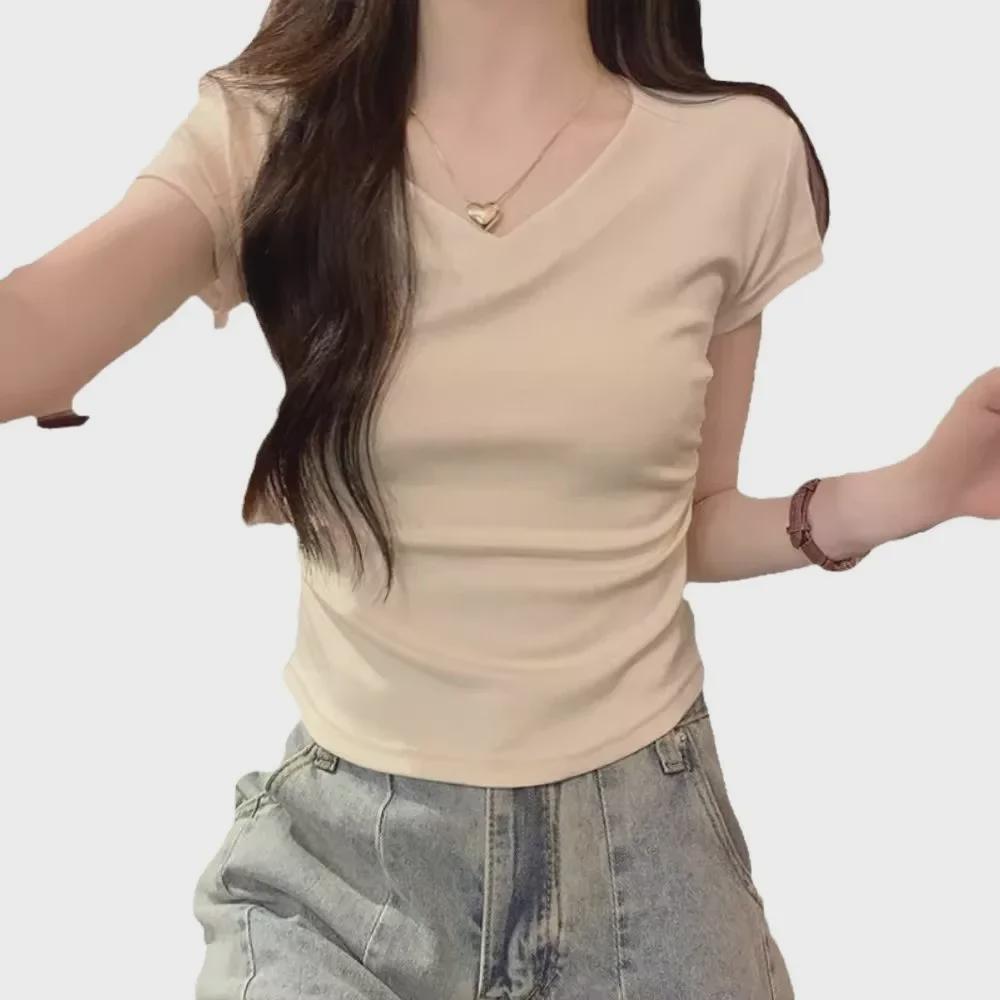 Petite Women's V-Neck Slim Fit Summer T-Shirt: American Style, Sweet & Spicy, Straight Shoulder, Short-Sleeved Top.