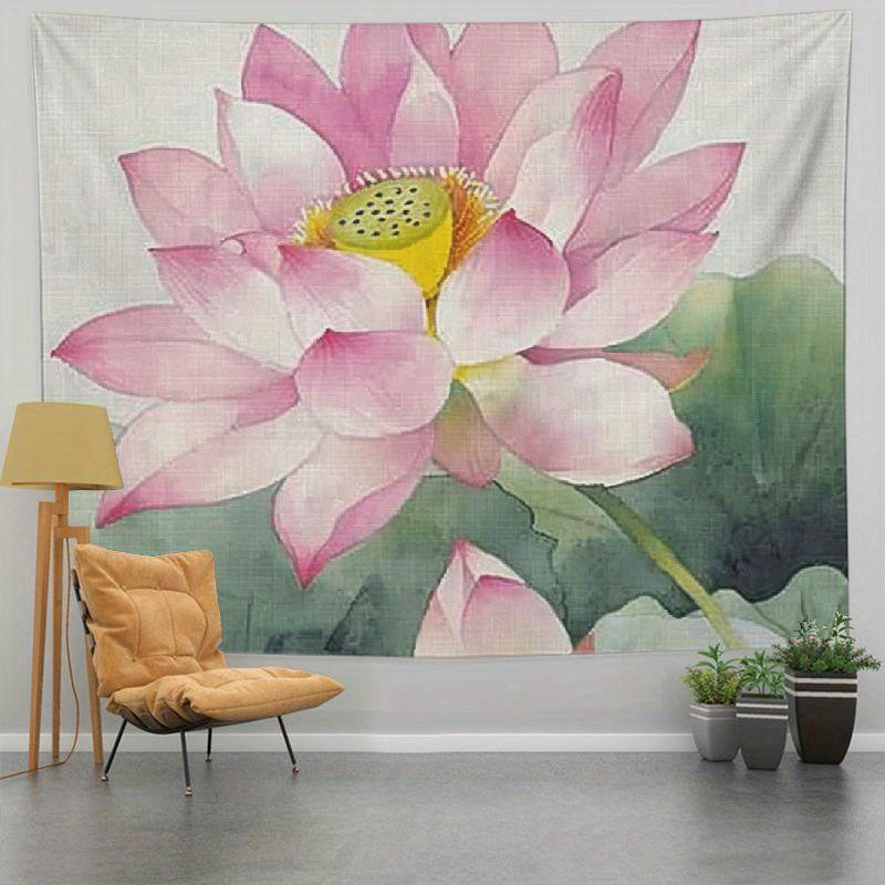 Elegant Pink Lotus Flower Tapestry Wall Art Hanging Polyester Print Home Decor Canvas Decorative Panel for Bedroom Living Room T