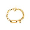 18K Gold-Plated OT Buckle Bracelet with Stainless Steel Cuban and Oval Chain, Featuring Small Heart Pendant