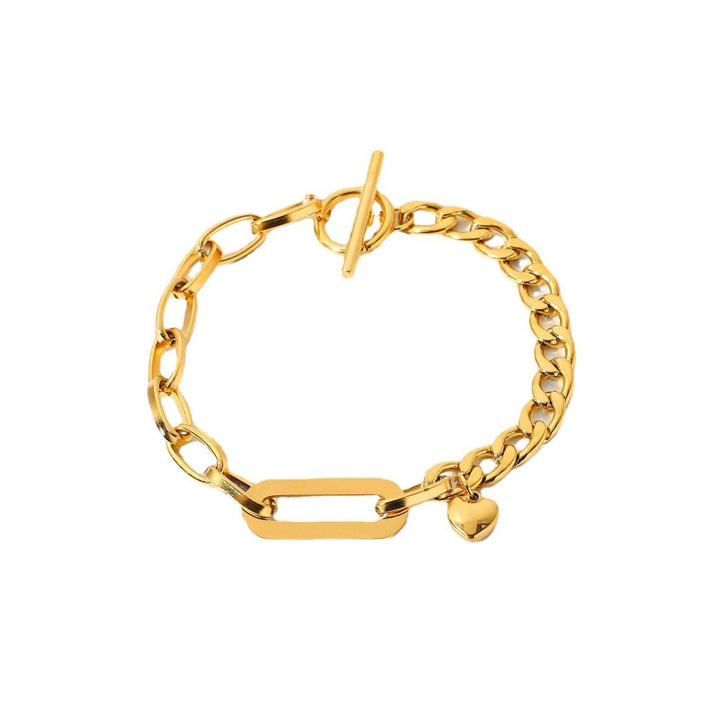 18K Gold-Plated OT Buckle Bracelet with Stainless Steel Cuban and Oval Chain, Featuring Small Heart Pendant