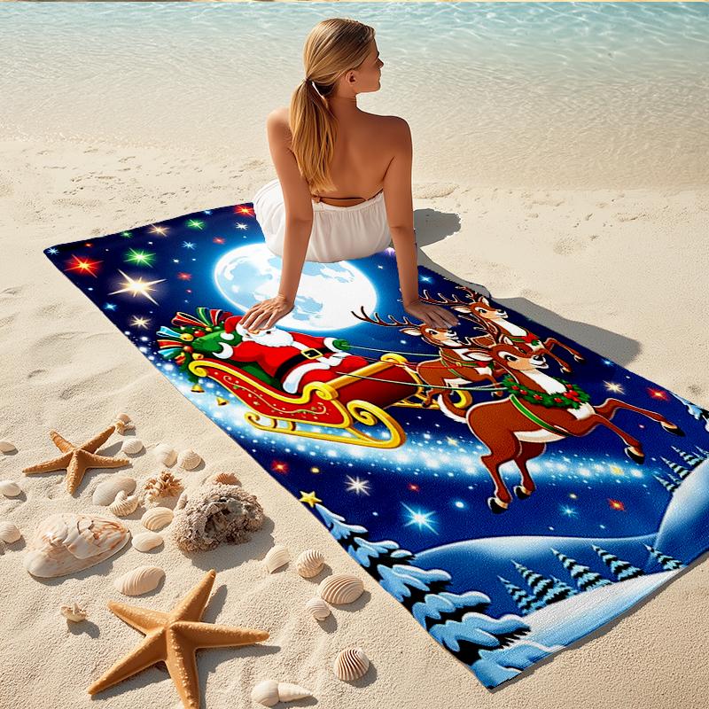 1Pc Santa Claus Sleigh Ride Beach Towel, Quick Dry, Multi-Use for Beach Pool Gym Yoga Home Travel, Christmas, Halloween, Xmas Gift S301