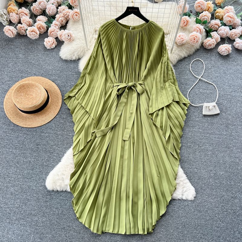 

Accessible Luxury Summer Pleated Niche Style Lace-up Waist-Controlled Dress Light green All yards