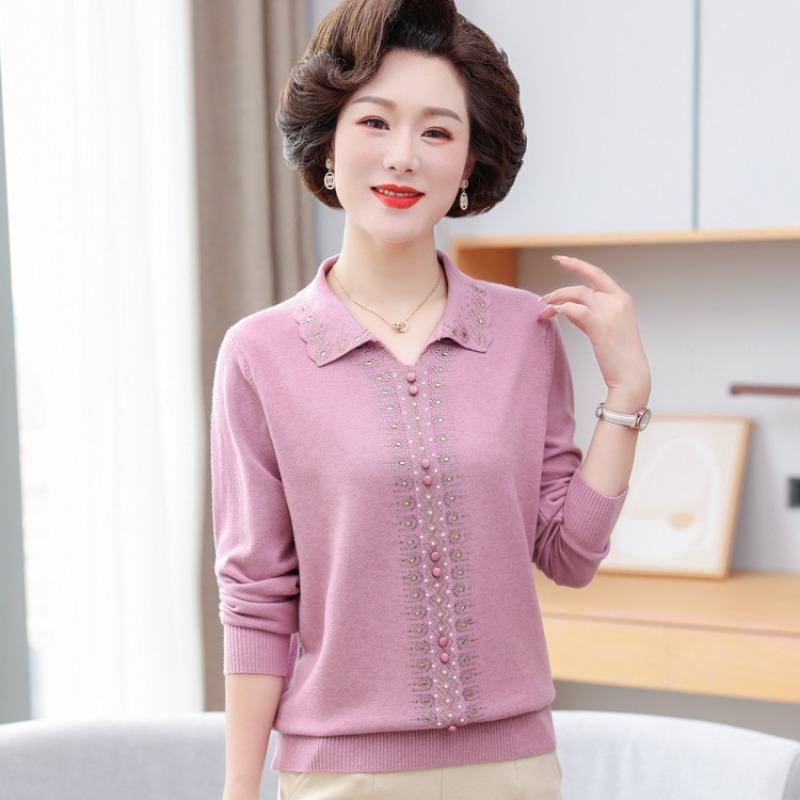 Mom Spring New Long-sleeved T-shirt Casual Age 0 Women's Clothes Medium Women's Spring Lapel Top