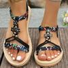 Fashion 2025 Summer Beach Bohemian Sandals Women Black Floral Beaded Plus Size 43 Flat Heels Shoes Woman Non-Slip Slides Sandalias Mujer
