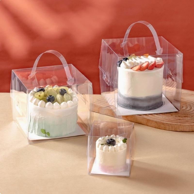10sets Handheld Transparent Birthday Dessert Gift Box with Tray Cake Baking Clear Plastic Cupcake Box for Weddding Party Birthday Get-together