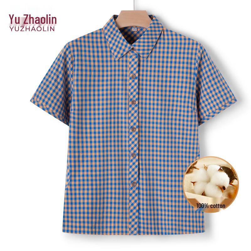 YUZHAOLIN Women s Plaid 100% Cotton Short-Sleeve Shirt 5XL