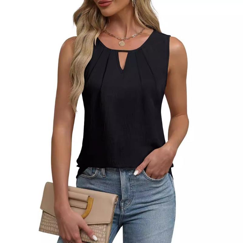 Summer Pleated T-shirt Chiffon Hollow Sleeveless Top