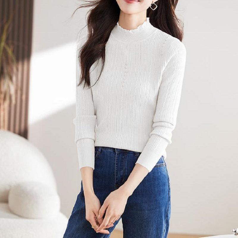 Lace Semi-turtleneck Bottoming Shirt Women's Autumn and Winter Inner Twist Pearl Chic Top Knitted Sweater Women's Long-sleeved Slim-fit