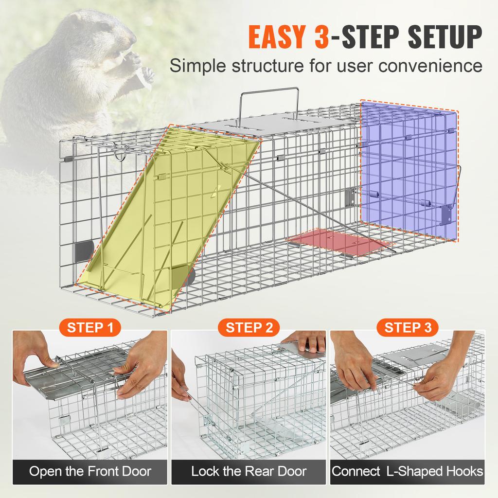 SucceBuy 24/31/42/50in Live Animal Cage Trap Folding Humane Cat Trap Galvanized Iron with Handle for Rabbit Squirrels Groundhogs