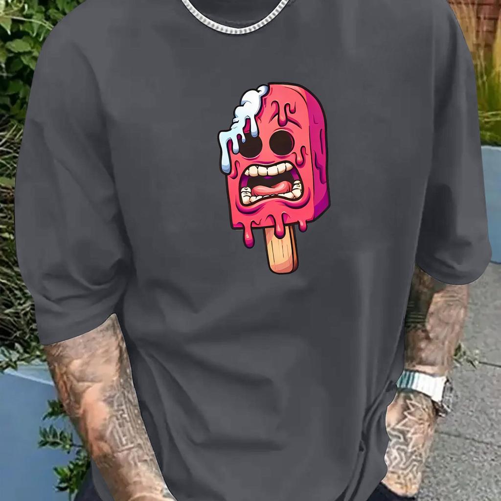 Men's Summer Cotton Fashionable Sports Loose Ice Cream Pattern Print Round Neck Short Sleeved T-shirt Top