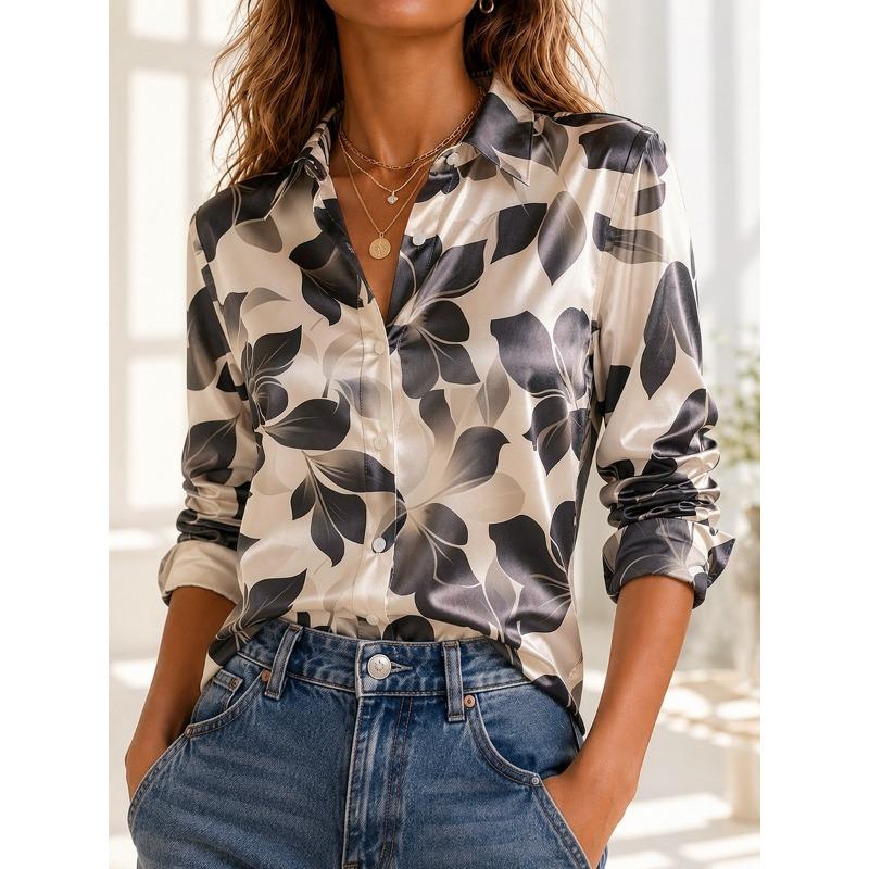 Women Silk Look Satin Shirt Long Sleeve Button Down Blouse Casual Office Work Tops Elegant Fashion Plus Size S-3XL Modern Trend
