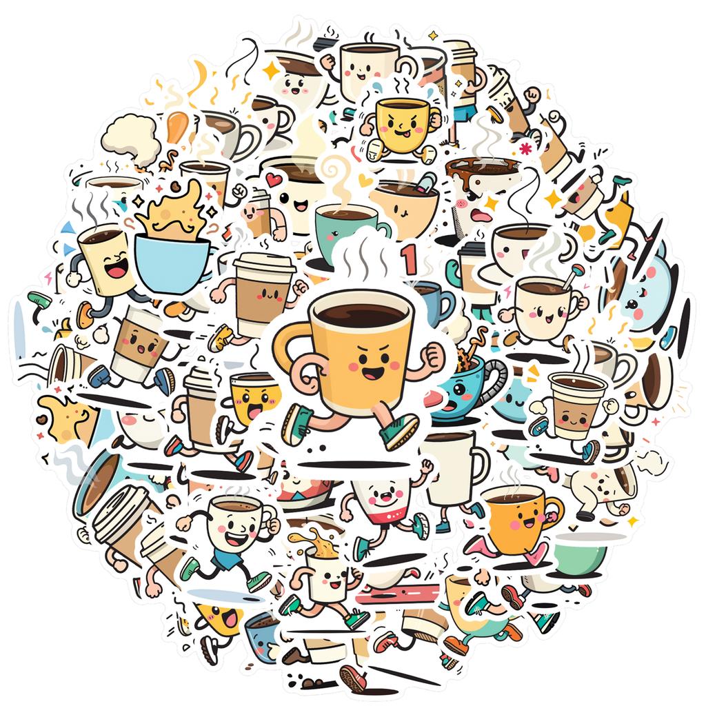 35-100pcs Cartoon Coffee Cup Stickers Waterproof Graffiti Diy For Scrapbook Laptop Water Bottles Coffee Shop Label Stickers